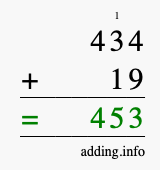 Calculate 434 + 19 using long addition