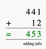 Calculate 441 + 12 using long addition