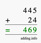 Calculate 445 + 24 using long addition
