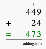 Calculate 449 + 24 using long addition