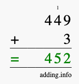 Calculate 449 + 3 using long addition