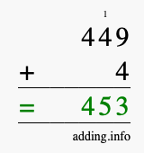 Calculate 449 + 4 using long addition
