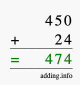 Calculate 450 + 24 using long addition