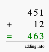 Calculate 451 + 12 using long addition