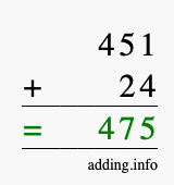 Calculate 451 + 24 using long addition