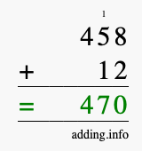 Calculate 458 + 12 using long addition