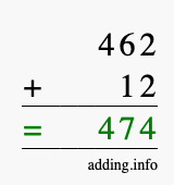Calculate 462 + 12 using long addition