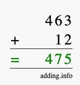 Calculate 463 + 12 using long addition