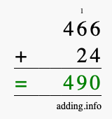 Calculate 466 + 24 using long addition
