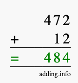 Calculate 472 + 12 using long addition