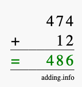 Calculate 474 + 12 using long addition
