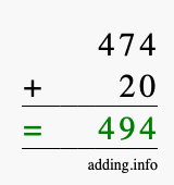 Calculate 474 + 20 using long addition