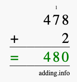 Calculate 478 + 2 using long addition