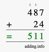 Calculate 487 + 24 using long addition