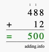 Calculate 488 + 12 using long addition