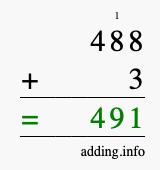 Calculate 488 + 3 using long addition