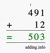 Calculate 491 + 12 using long addition