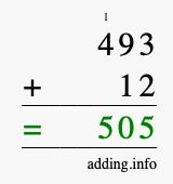 Calculate 493 + 12 using long addition