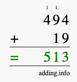 Calculate 494 + 19 using long addition
