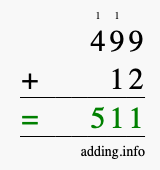 Calculate 499 + 12 using long addition