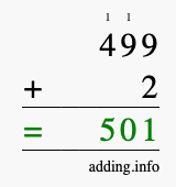 Calculate 499 + 2 using long addition