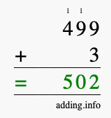 Calculate 499 + 3 using long addition