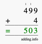 Calculate 499 + 4 using long addition