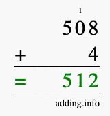 Calculate 508 + 4 using long addition