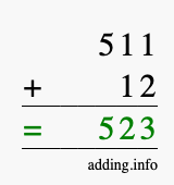 Calculate 511 + 12 using long addition