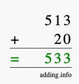 Calculate 513 + 20 using long addition