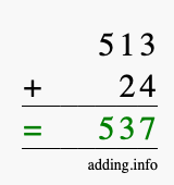 Calculate 513 + 24 using long addition