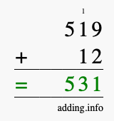 Calculate 519 + 12 using long addition