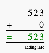 Calculate 523 + 0 using long addition
