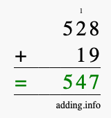 Calculate 528 + 19 using long addition