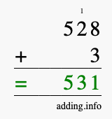 Calculate 528 + 3 using long addition