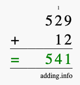 Calculate 529 + 12 using long addition