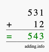 Calculate 531 + 12 using long addition