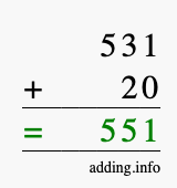 Calculate 531 + 20 using long addition