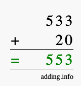 Calculate 533 + 20 using long addition