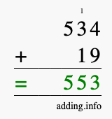 Calculate 534 + 19 using long addition