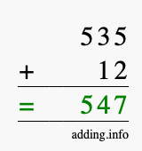 Calculate 535 + 12 using long addition