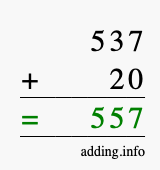 Calculate 537 + 20 using long addition