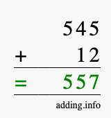 Calculate 545 + 12 using long addition