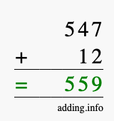 Calculate 547 + 12 using long addition
