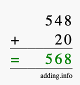 Calculate 548 + 20 using long addition