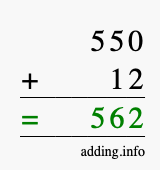 Calculate 550 + 12 using long addition