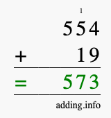 Calculate 554 + 19 using long addition
