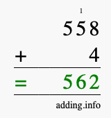 Calculate 558 + 4 using long addition