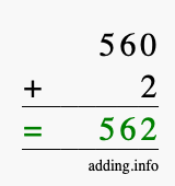 Calculate 560 + 2 using long addition