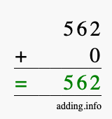 Calculate 562 + 0 using long addition
